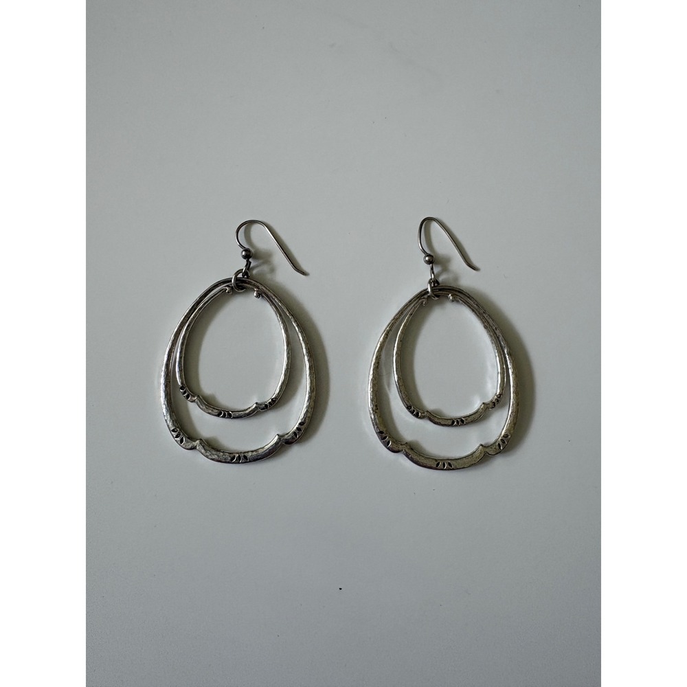 Burnished Sterling Silver Double Scallop Hoop Dangle Earrings Boho Style